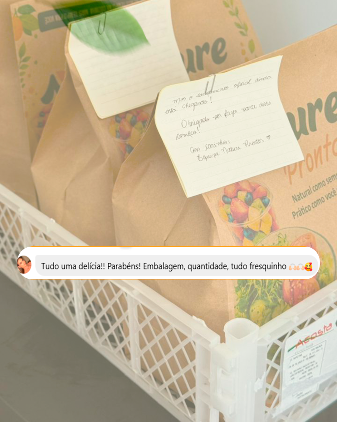 Depoimento de cliente Nature Prontos em Cascavel: embalagem, quantidade, tudo fresquinho